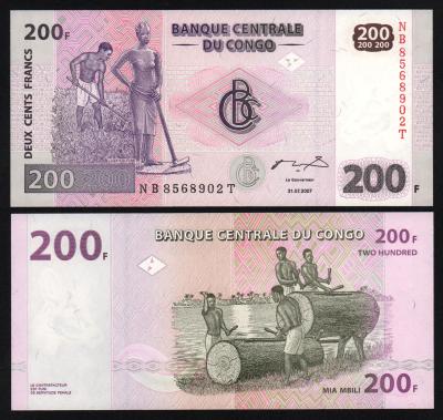 Банкнота Конго 200 франков 2007 год UNC!