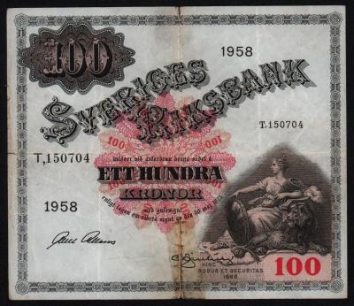Банкнота Швеция 100 крон 1958 год из оборота!