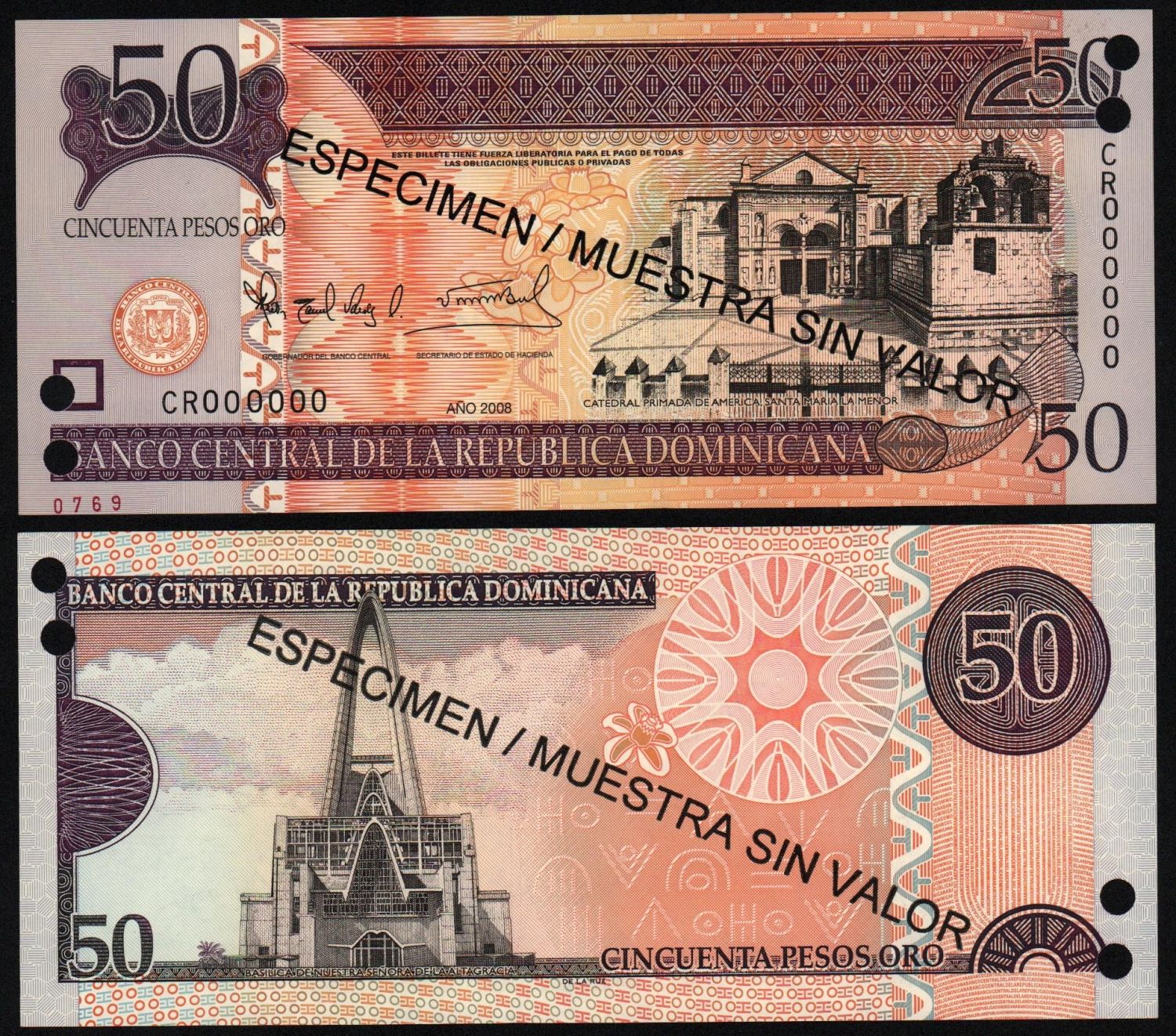 Банкнота Доминикана 50 песо 2008 год UNC! ОБРАЗЕЦ! от Аукциона Значки и Знаки
