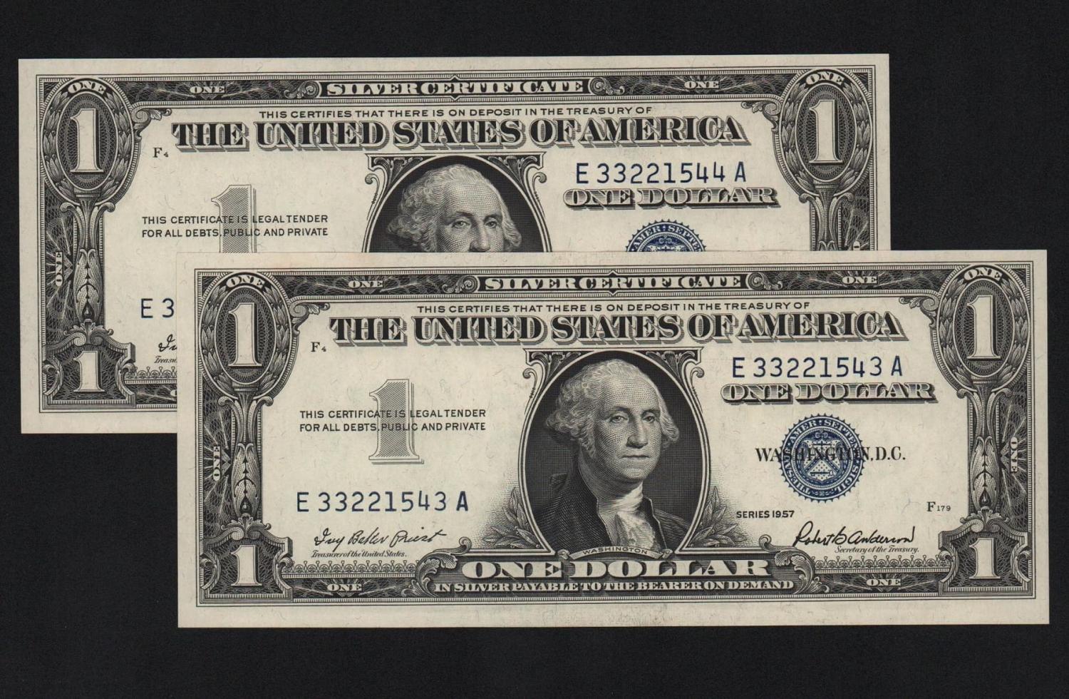 США 1 доллар 1957 год Литеры EA подпись Роберт Бернард Андерсон UNC! 2 номера подряд! от Аукциона Значки и Знаки