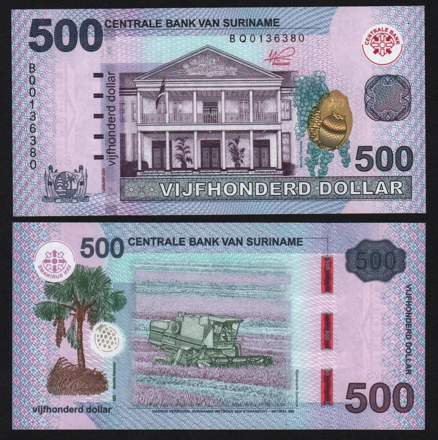 Банкнота Суринам 500 долларов 2024 год UNC! от Аукциона Значки и Знаки