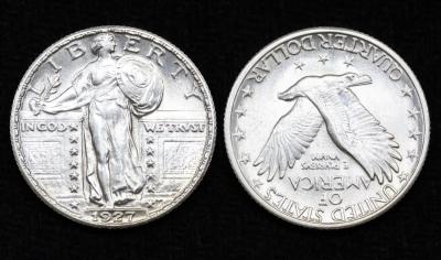 Монета США 1/4 доллара 1927 год в слабе ННР MS61