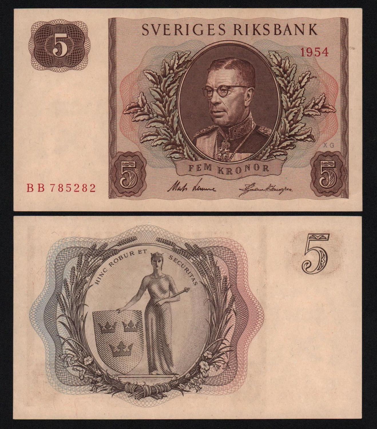 Банкнота Швеция 5 крон 1954 год UNC-! от Аукциона Значки и Знаки
