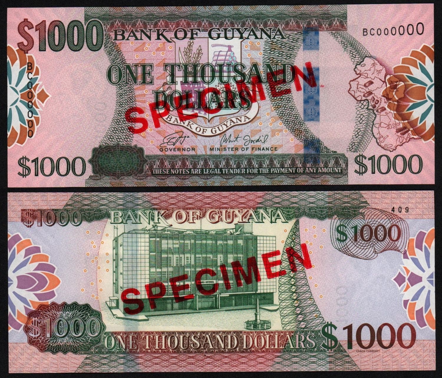 Банкнота Гайана 1000 долларов 2019 год ОБРАЗЕЦ UNC! от Аукциона Значки и Знаки