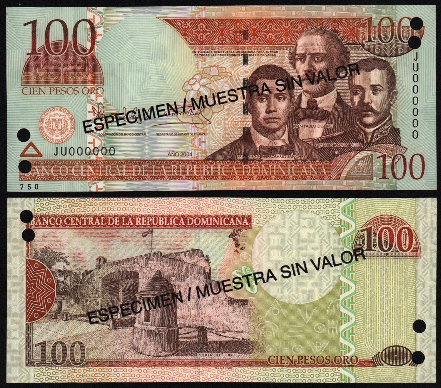 Банкнота Доминикана 100 песо 2004 год UNC! ОБРАЗЕЦ! от Аукциона Значки и Знаки