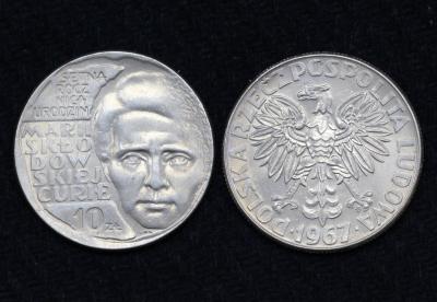 Монета Польша 10 злотых 1967 год 100 лет со дня рождения Марии Склодовской-Кюри