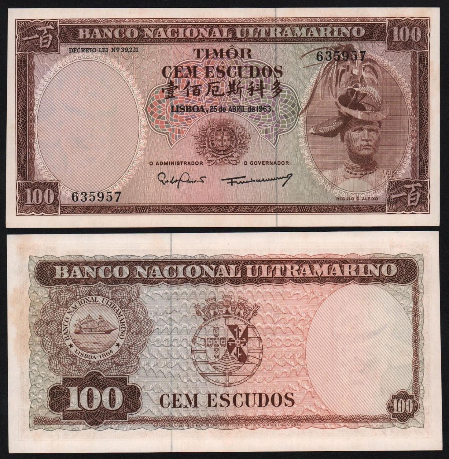 Банкнота Тимор 100 эскудо 1963 год UNC! от Аукциона Значки и Знаки