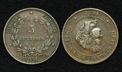 Монета Франция 5 сантимов 1891 год