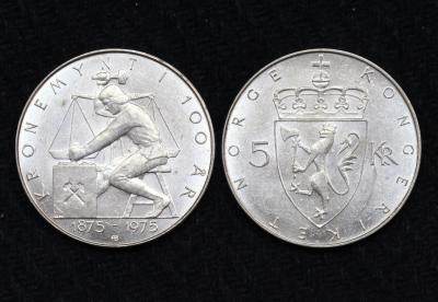 Монета Норвегия 5 крон 1975 год 100 лет кроне
