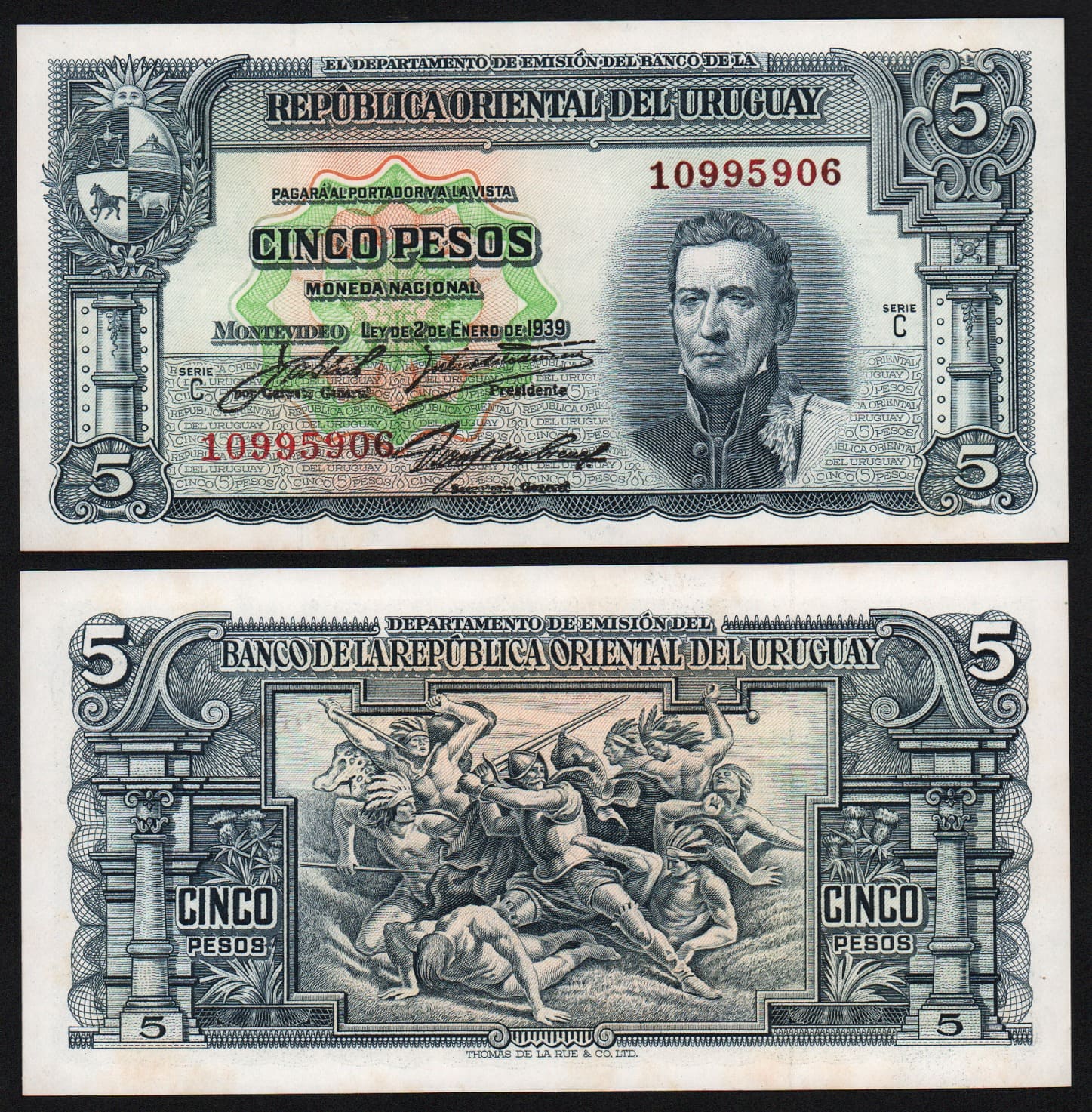 Банкнота Уругвай 5 песо 1939 год UNC! от Аукциона Значки и Знаки
