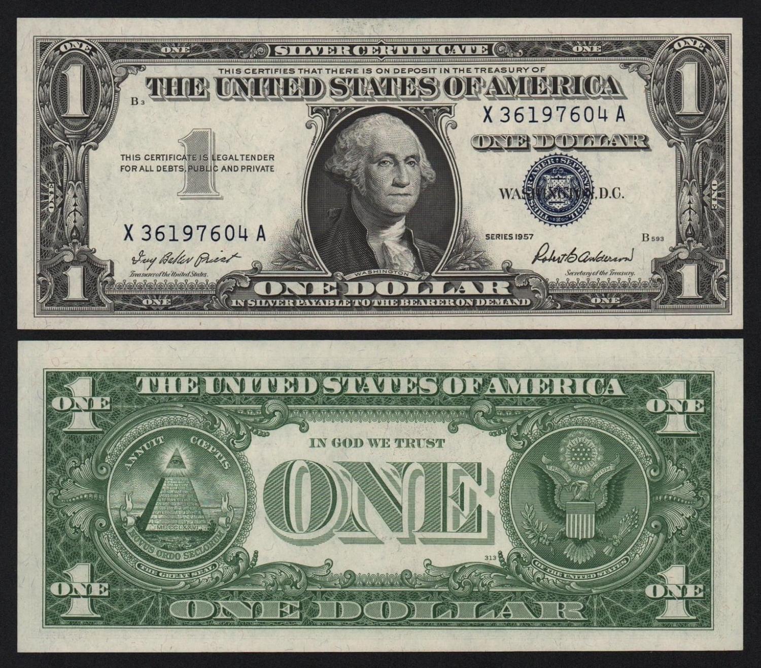 Банкнота США 1 доллар 1957 год Литеры XA подпись Роберт Бернард Андерсон UNC! от Аукциона Значки и Знаки