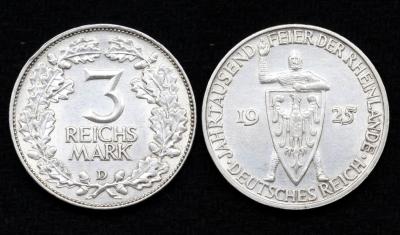 Монета Германия 3 рейхсмарки 1925 год Тысячелетие Рейнской области (Рейнланда) (21) Монета Германия 3 рейхсмарки 1925 год Тысячелетие Рейнской области (Рейнланда) (21)