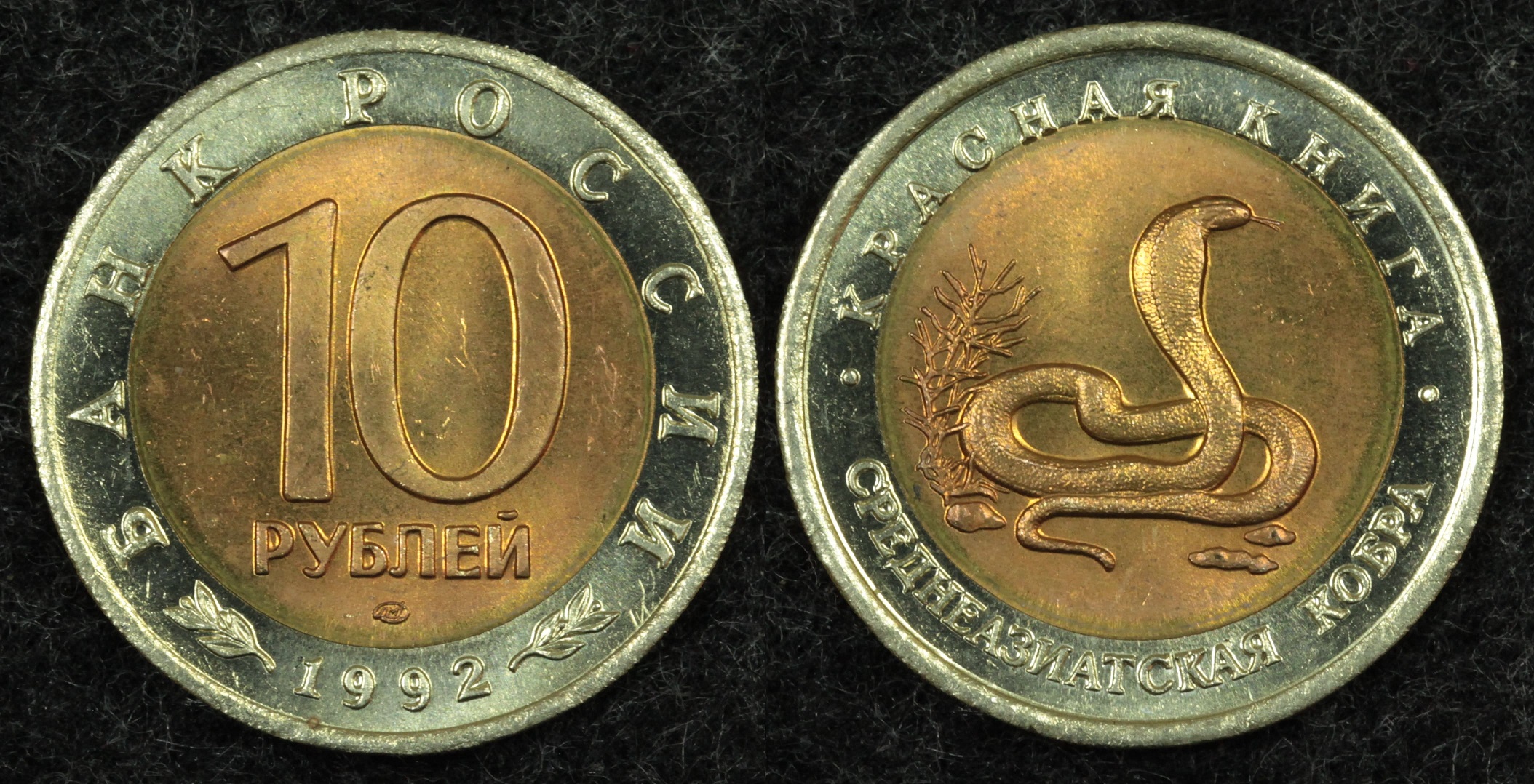 Купить 10 рублей 1992 год Среднеазиатская кобра, серия Красная книга, (№4), UNC!