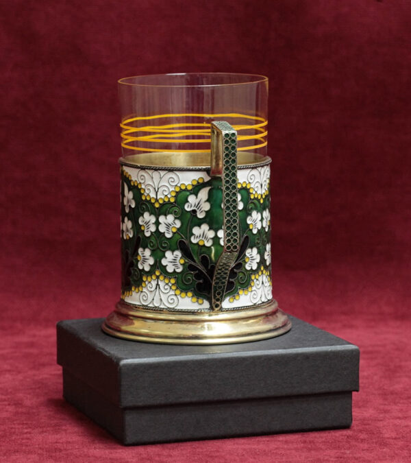 Купить Серебряный эмалевый подстаканник в комплекте со стаканом СССР, Русские самоцветы 1973 год
