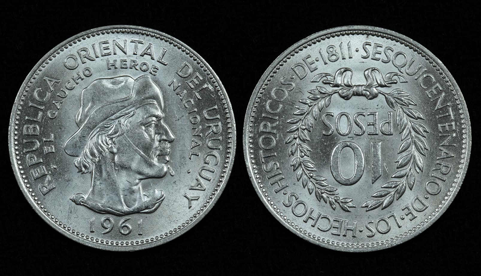 Купить Уругвай 10 песо 1961 год 150 лет Революции против Испании (№9)
