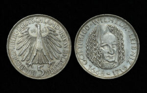 Купить Германия 5 марок 1966 год 250 лет со дня смерти Готфрида Вильгельма Лейбница (№154)