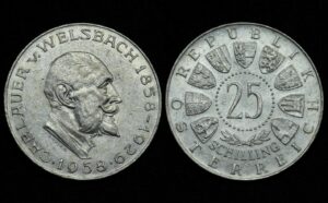 Купить Австрия 25 шиллингов 1958 год 100 лет со дня рождения Карла Ауэра фон Вельсбаха (№215)