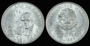 Купить Мексика 5 песо 1953 год 200 лет со дня рождения Мигеля Идальго-и-Костилья (№358)