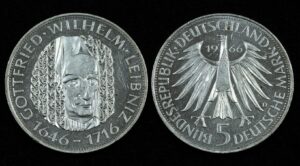 Купить Германия 5 марок 1966 год 250 лет со дня смерти Готфрида Вильгельма Лейбница (№305)