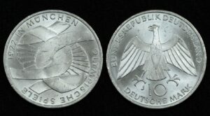Купить Германия 10 марок 1972 год XX летние Олимпийские Игры, Мюнхен 1972 — Узел (№328)