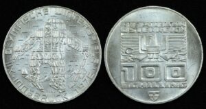 Купить Австрия 100 шиллингов 1975 год XII зимние Олимпийские Игры, Инсбрук 1976 — Лыжник (№206)