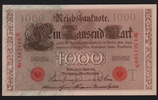 Купить Германия 1000 марок 1910 год красная печать, UNC! Из пачки, номера будут отличаться!