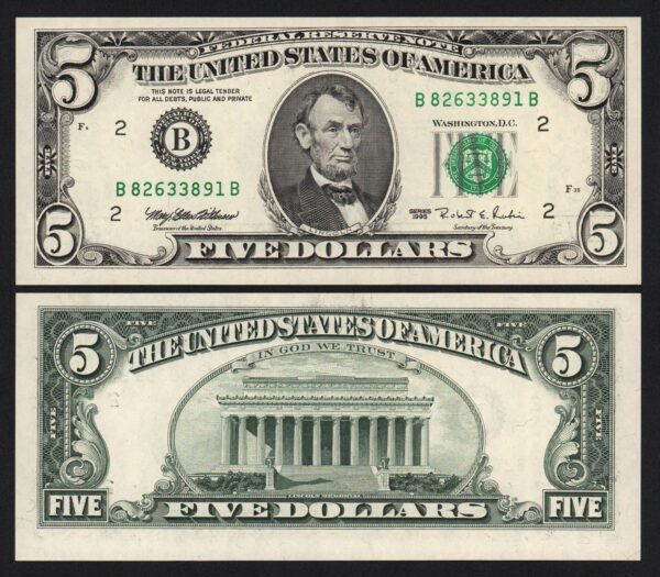 купить Банкнота США 5 долларов 1995 год B / Нью-Йорк UNC!